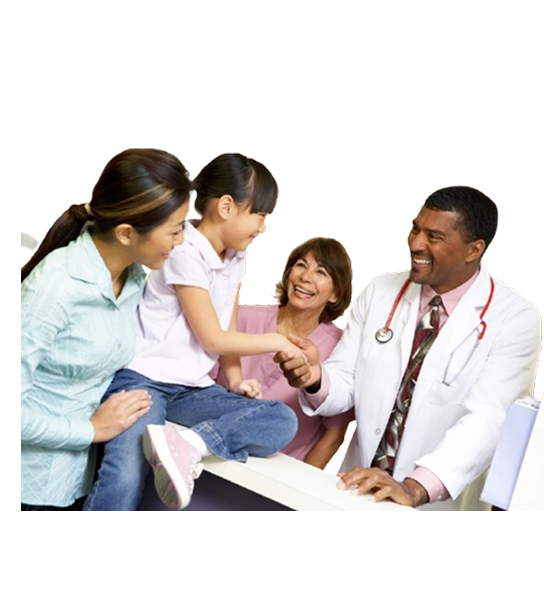 Doctor and nurse interacting warmly with a mother and child in a medical office.